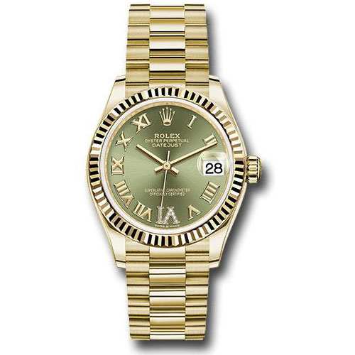 Rolex Yellow Gold Datejust 31 Watch - Fluted Bezel - Olive Green Diamond Six Dial - President Bracelet - 278278 ogdr6p