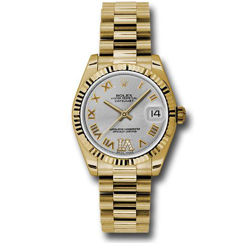 Rolex Yellow Gold Datejust 31 Watch - Fluted Bezel - Silver Diamond Roman Vi Roman Dial - President Bracelet - 178278 sdrp