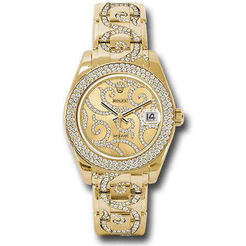 Rolex Yellow Gold Datejust Pearlmaster 34 Watch - 116 Diamond Bezel - Champagne Arabesque Diamond Dial - 81338 arabesque