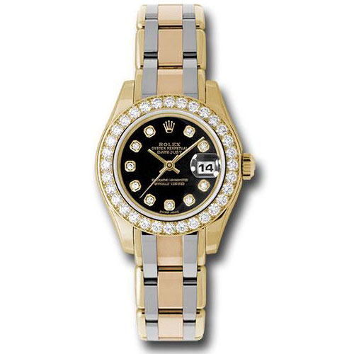 Rolex Yellow Gold Lady-Datejust Pearlmaster 29 Watch - 32 Diamond Bezel - Black Diamond Dial - 80298bic bkd