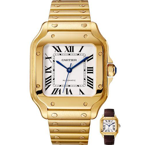 Cartier Santos de Cartier Watch - 35.1 mm Yellow Gold Case - Silvered Dial - Allilgator Strap - WGSA0010