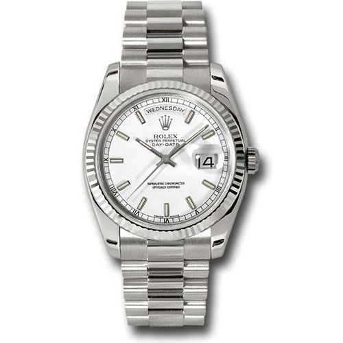 Rolex White Gold Day-Date 36 Watch - Fluted Bezel - White Index Dial - President Bracelet - 118239 wsp