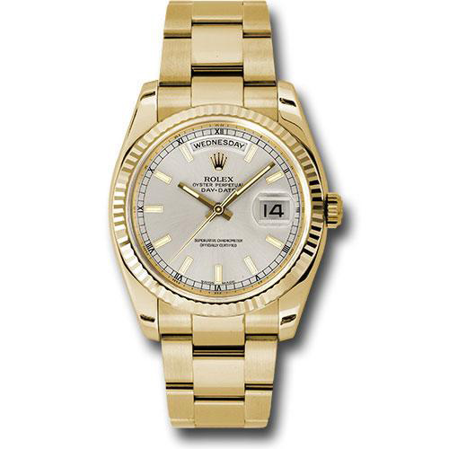 Rolex Yellow Gold Day-Date 36 Watch - Fluted Bezel - Silver Index Dial - Oyster Bracelet - 118238 sio
