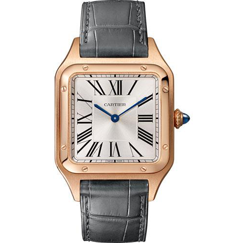 Cartier Santos-Dumont Watch - 43.5 mm Pink Gold Case - Silver Dial - Gray Strap - WGSA0021