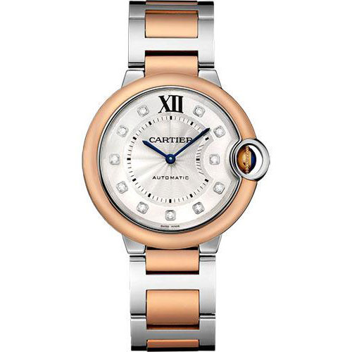 Cartier Ballon Bleu de Cartier Watch - 36 mm Steel Case - Pink Gold Bezel - Diamond Dial - W3BB0007