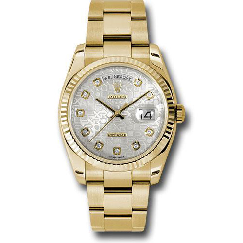 Rolex Yellow Gold Day-Date 36 Watch - Fluted Bezel - Silver Jubilee Diamond Dial - Oyster Bracelet - 118238 sjdo