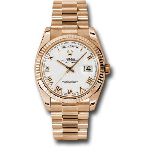 Rolex Pink Gold Day-Date 36 Watch - Fluted Bezel - White Roman Dial - President Bracelet - 118235 wrp