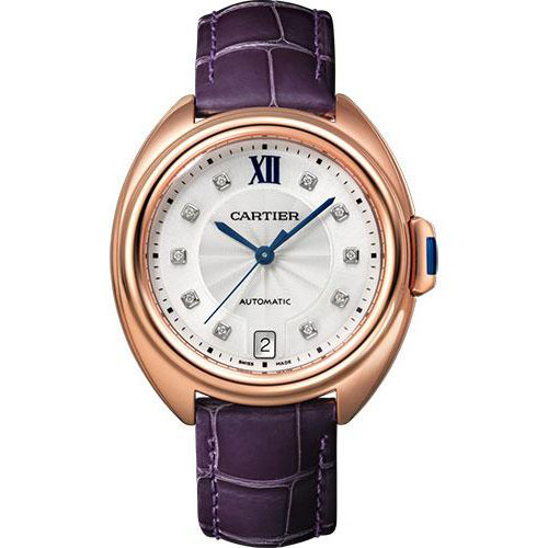 Cartier Cle de Cartier Watch - 35 mm Pink Gold Case - Silvered Flinque Diamond Dial - Aubergine Alligator Strap - WJCL0032