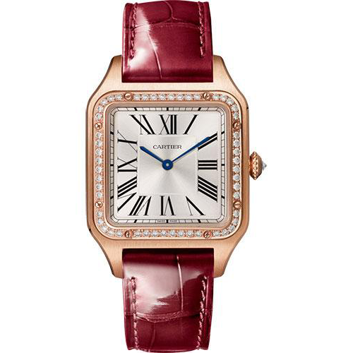 Cartier Santos-Dumont Watch - 43.5 mm x 31.4 mm Pink Gold Case - Silver Satin-Brushed Dial - Bordeaux Leather Strap - WJSA0016
