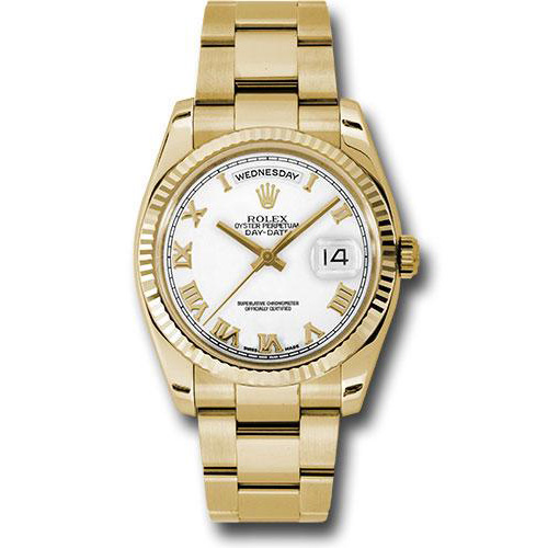 Rolex Yellow Gold Day-Date 36 Watch - Fluted Bezel - White Roman Dial - Oyster Bracelet - 118238 wro