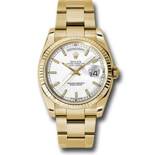 Rolex Yellow Gold Day-Date 36 Watch - Fluted Bezel - White Index Dial - Oyster Bracelet - 118238 wso
