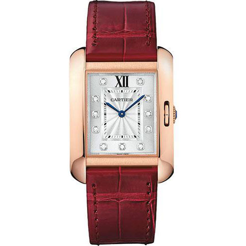 Cartier Tank Anglaise Watch - 34.7 mm Pink Gold Case - Diamond Dial - Bordeaux Alligator Strap - WJTA0009