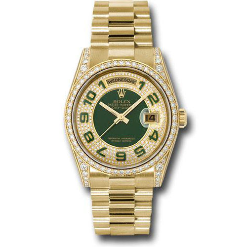 Rolex Yellow Gold Day-Date 36 Watch -  Bezel - Pave Edge Green Dial - President Bracelet - 118388 pgap