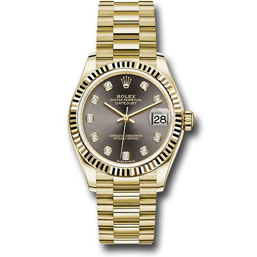 Rolex Yellow Gold Datejust 31 Watch - Fluted Bezel - Dark Grey Diamond Dial - President Bracelet - 278278 dkgdp
