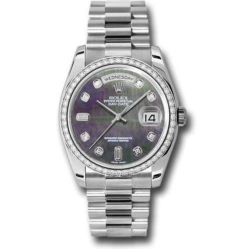 Rolex Platinum Day-Date 36 Watch -  Bezel - Dark Mother-Of-Pearl Diamond Dial - President Bracelet - 118346 dkmdp
