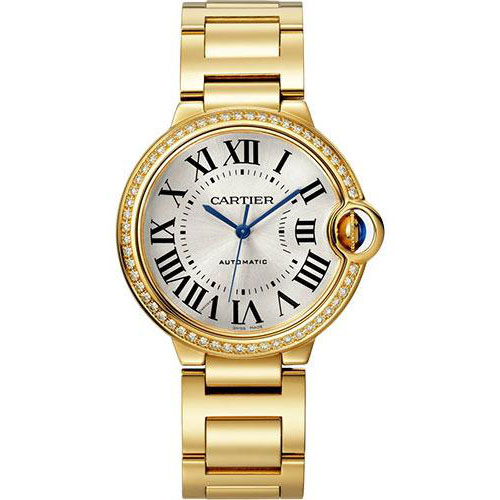 Cartier Ballon Bleu de Cartier Watch - 36 mm Yellow Gold Diamond Case - Silvered Sunray-Brushed Dial - Interchangeable Bracelet - WJBB0070