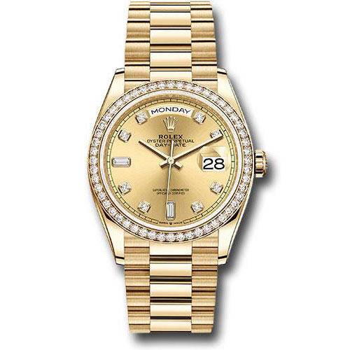 Rolex Yellow Gold Day-Date 36 Watch - Diamond Bezel - Champagne Diamond Dial - President Bracelet - 128348RBR chdp