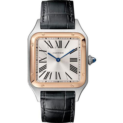 Cartier Santos-Dumont Watch - 43.5 mm Pink Gold And Steel Case - Silver Dial - Black Strap - W2SA0011