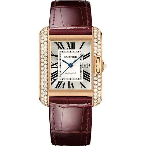 Cartier Tank Anglaise Watch - 39.2 mm Pink Gold Case - Diamond Bezel - Claret Red Alligator Strap - WT100016