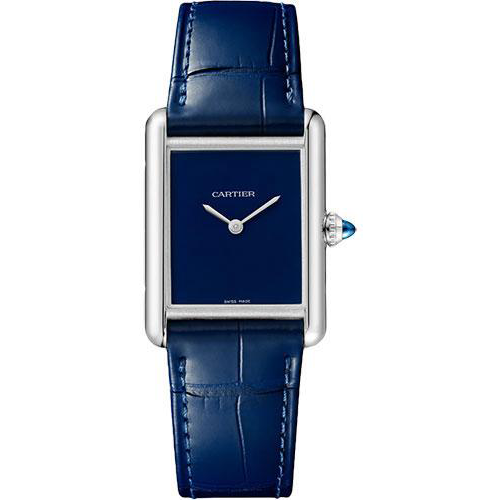 Cartier Tank Must Watch - 33.7 mm x 25.5 mm Steel Case - Blue Dial - Blue Alligator Strap - WSTA0055
