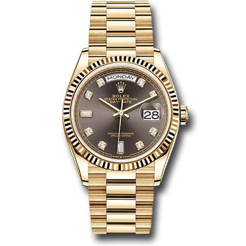 Rolex Yellow Gold Day-Date 36 Watch - Fluted Bezel - Dark Grey Diamond Dial - President Bracelet - 128238 dkgdp