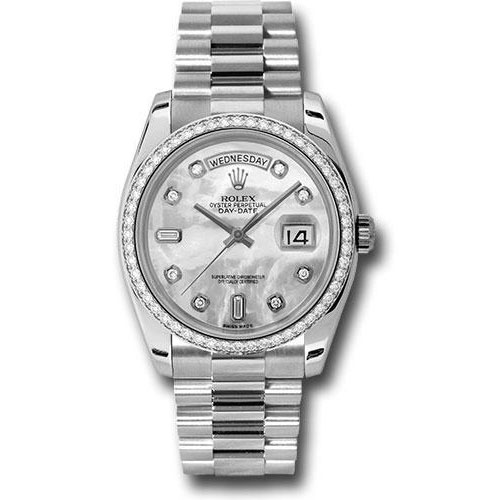 Rolex Platinum Day-Date 36 Watch -  Bezel - Mother-Of-Pearl Diamond Dial - President Bracelet - 118346 mdp