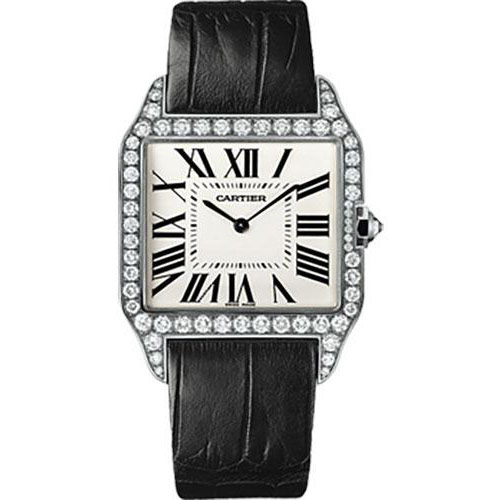 Cartier Santos Dumont Watch - Large White Gold Diamond Case - Silver Grained Dial - Alligator Strap - WH100651