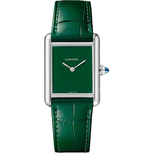 Cartier Tank Must Watch - 33.7 mm x 25.5 mm Steel Case - Green Dial - Green Alligator Strap - WSTA0056