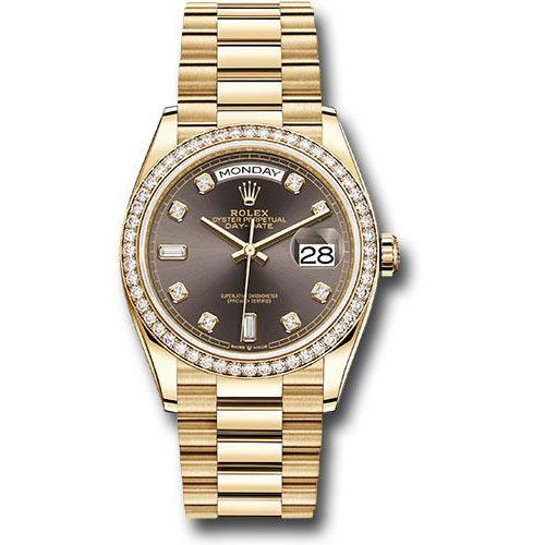 Rolex Yellow Gold Day-Date 36 Watch - Diamond Bezel - Dark Grey Diamond Dial - President Bracelet - 128348RBR dkgdp