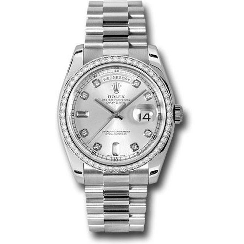Rolex Platinum Day-Date 36 Watch -  Bezel - Silver Diamond Dial - President Bracelet - 118346 sdp