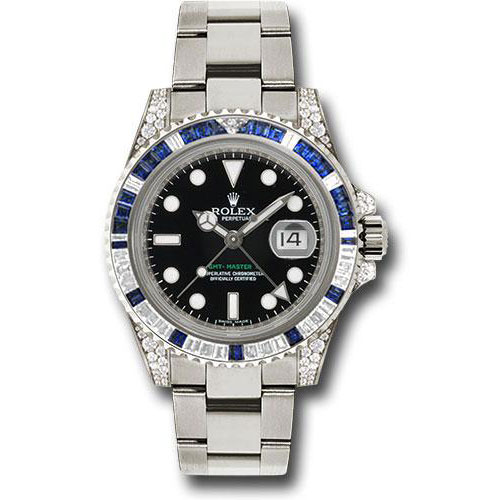 Rolex White Gold GMT-Master II 40 Watch - Diamond And Blue Sapphire Bezel - Black Dial - Oyster Bracelet - 116759SA
