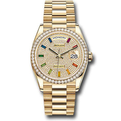 Rolex Yellow Gold Day-Date 36 Watch - Diamond Bezel - Green Ombre´ Diamond Dial - President Bracelet - 128348RBR godp