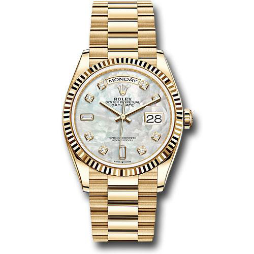 Rolex Yellow Gold Day-Date 36 Watch - Fluted Bezel - Mother-of-Pearl Diamond Dial - President Bracelet - 128238 mdp