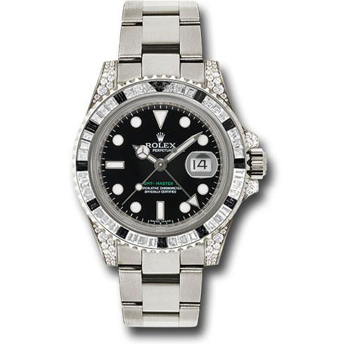 Rolex White Gold GMT-Master II 40 Watch - Diamond And Black Sapphire Bezel - Black Dial - Oyster Bracelet - 116759SANR