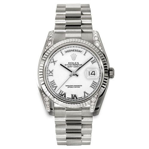Rolex White Gold Day-Date 36 Watch - Fluted Bezel - White Roman Dial - President Bracelet - 118339 wrp