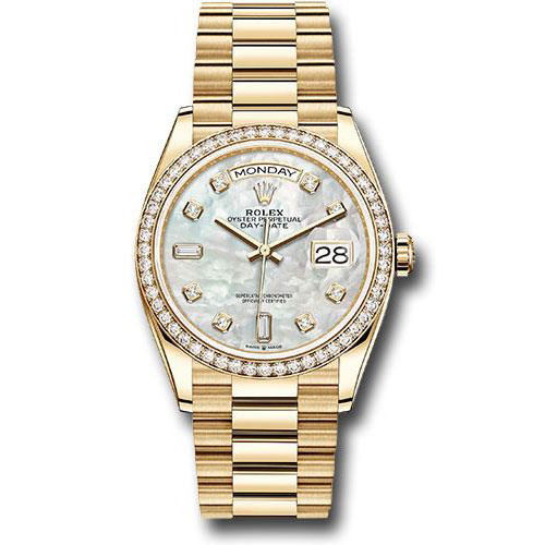 Rolex Yellow Gold Day-Date 36 Watch - Diamond Bezel - Mother-of-Pearl Diamond Dial - President Bracelet - 128348RBR mdp