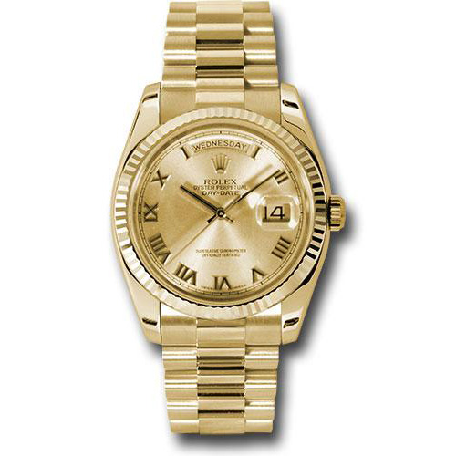 Rolex Yellow Gold Day-Date 36 Watch - Fluted Bezel - Champagne Roman Dial - President Bracelet - 118238 chrp