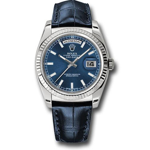 Rolex White Gold Day-Date 36 Watch - Fluted Bezel - Blue Index Dial - Blue Leather - 118139 bll