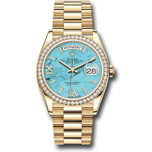 Rolex Yellow Gold Day-Date 36 Watch - Diamond Bezel - Turquoise Diamond Roman Dial - President Bracelet - 128348RBR tdidrp