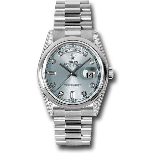 Rolex Platinum Day-Date 36 Watch - Domed Bezel - Glacier Blue Diamond Dial - President Bracelet - 118296 gladp