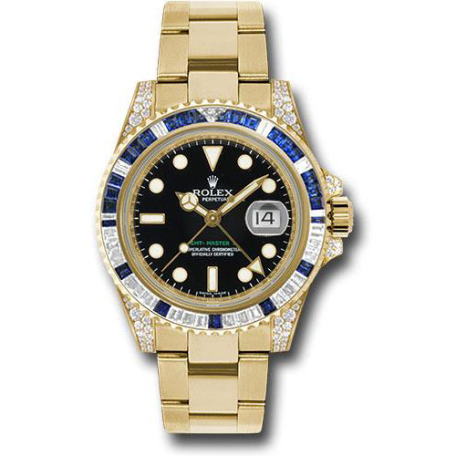 Rolex Yellow Gold GMT-Master II 40 Watch - Diamond And Blue Sapphire Bezel - Black Dial - Oyster Bracelet - 116758SA