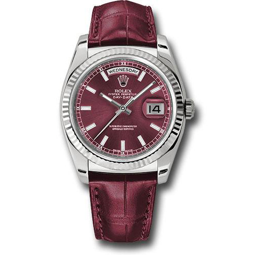 Rolex White Gold Day-Date 36 Watch - Fluted Bezel - Cherry Index Dial - Cherry Leather - 118139 chl