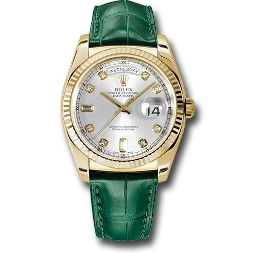 Rolex Yellow Gold Day-Date 36 Watch - Fluted Bezel - Silver Diamond Dial - Green Leather - 118138 sdl