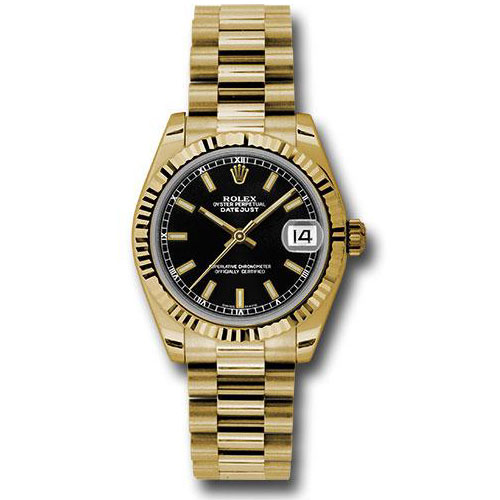Rolex Yellow Gold Datejust 31 Watch - Fluted Bezel - Black Index Dial - President Bracelet - 178278 bkip