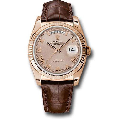 Rolex Everose Gold Day-Date 36 Watch - Fluted Bezel - Pink Roman Dial - Brown Leather - 118135 prl
