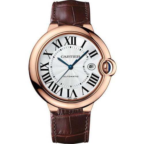 Cartier Ballon Bleu de Cartier Watch - 42 mm Pink Gold Case - Silver Opaline Dial - Brown Leather Strap - WGBB0030