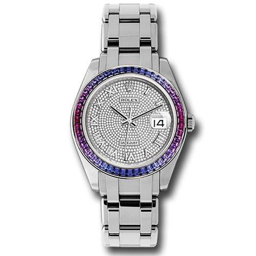 Rolex White Gold Datejust Pearlmaster 39 Watch - 48 Blue To Fuchsia Pink Gradient Baguette-Cut Sapphires Bezel - 18K White Gold Diamond Paved Dial - 86349SAF dpr