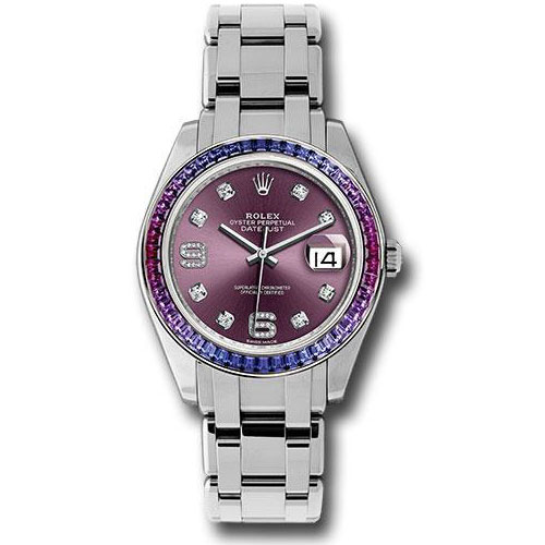 Rolex White Gold Datejust Pearlmaster 39 Watch - 48 Blue To Fuchsia Pink Gradient Baguette-Cut Sapphires Bezel - Red Grape Diamond Dial - 86349SAFUBL