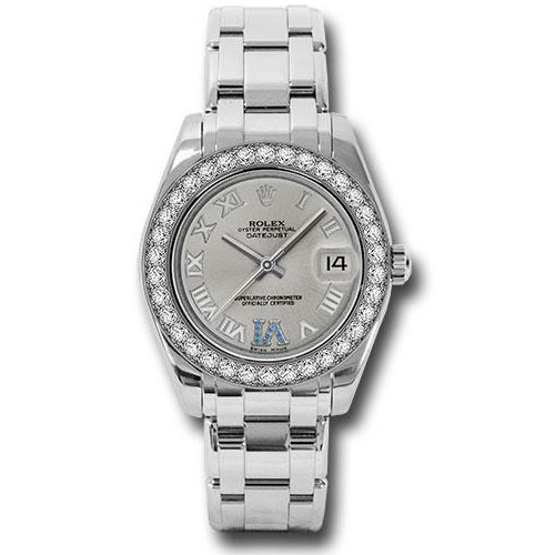 Rolex White Gold Datejust Pearlmaster 34 Watch - 34 Diamond Bezel - Silver Roman Dial - 81299 ssr
