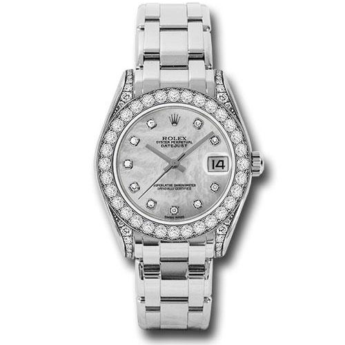 Rolex White Gold Datejust Pearlmaster 34 Watch - 34 Diamond Bezel - White Mother-Of-Pearl Diamond Dial - 81159 md